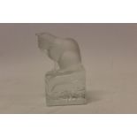 Modern Lalique frosted glass paperweight modelled as a cat seated on a plinth,