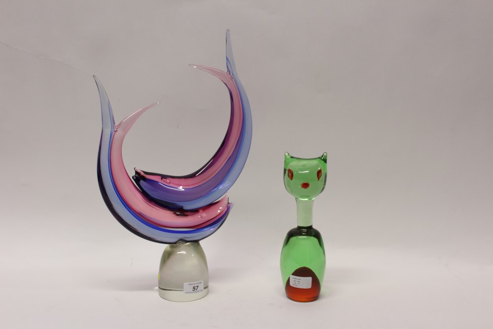 Art glass ornament of two blue and purple tinted fish and a green and amber art glass cat (2)