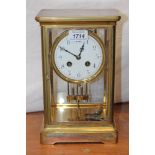 Late 19th / early 20th century French brass four-glass mantel clock with mercury pendulum and