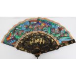 19th century Chinese hand-painted fan - black lacquer and gilt painted sticks,
