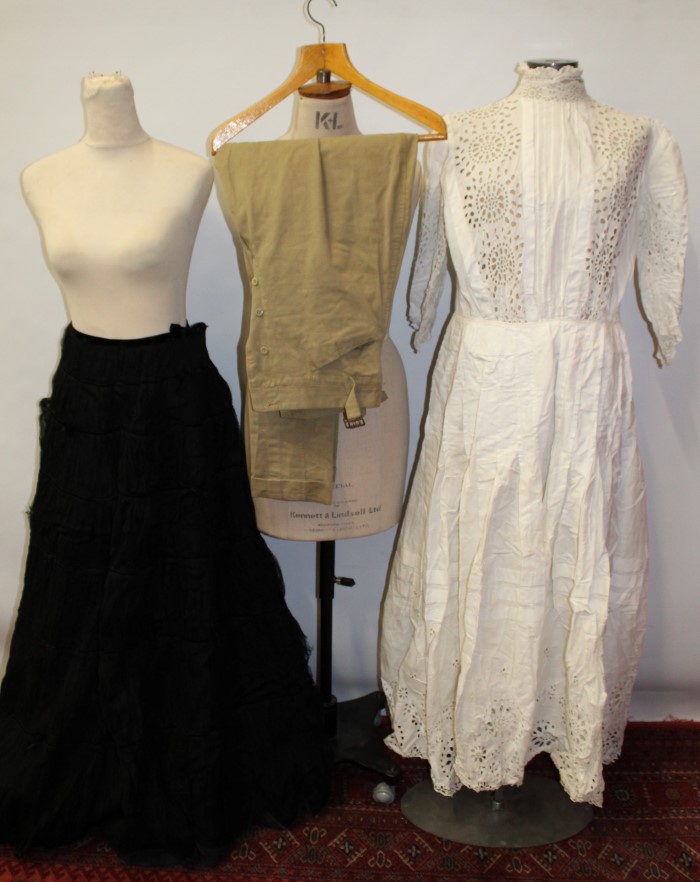 Victorian black skirt, layered net with velvet ribbon and glazed cotton underskirt,