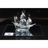 Swarovski crystal galleon - Santa Maria on mirrored base,