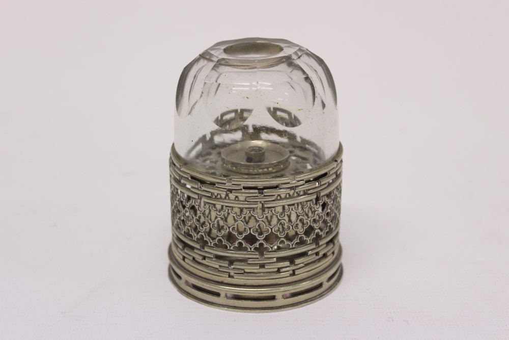 Chinese white metal spirit lamp of cylindrical form,