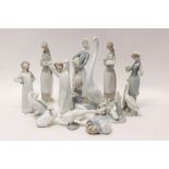 Collection of Lladro and Nao porcelain figures and geese (13)