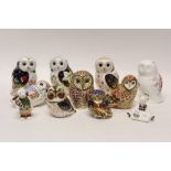 Nine Royal Crown Derby owl paperweights - including Daybreak Owl, Twilight Owl, Old Imari Owl,