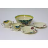 Clarice Cliff Bizarre range hand-painted Rhodanthe pattern bowl and a pair of matching two-handled