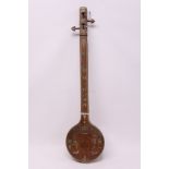 Antique Indian four-string tanpura with painted figurative and inlaid ivory decoration,