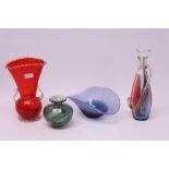Murano art glass vase of slender form, with integral handle, original Murano Vetro Artistico label,