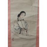 Early 20th century Chinese wall hanging scroll, hand-painted on paper, Chinese woman with fan,