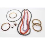 Group of jewellery - to include garnet bangle, coral bead necklace, amethyst bead necklace,