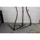 Unusual antique double-action scythe with twin blade and fork arms, 140cm high,