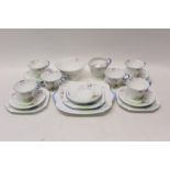 Shelley six place setting tea set with blue banding and floral decoration,