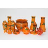 Group of 1930's Shelley vases decorated with painted cranes on orange ground,