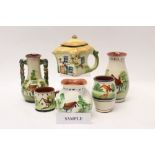 Selection of Torquay pottery - including pair of two-handled vases, teapots, cups,