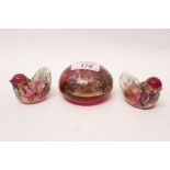 Isle of Wight studio glass pink paperweight with gold leaf 'Azurene' decoration and two matching
