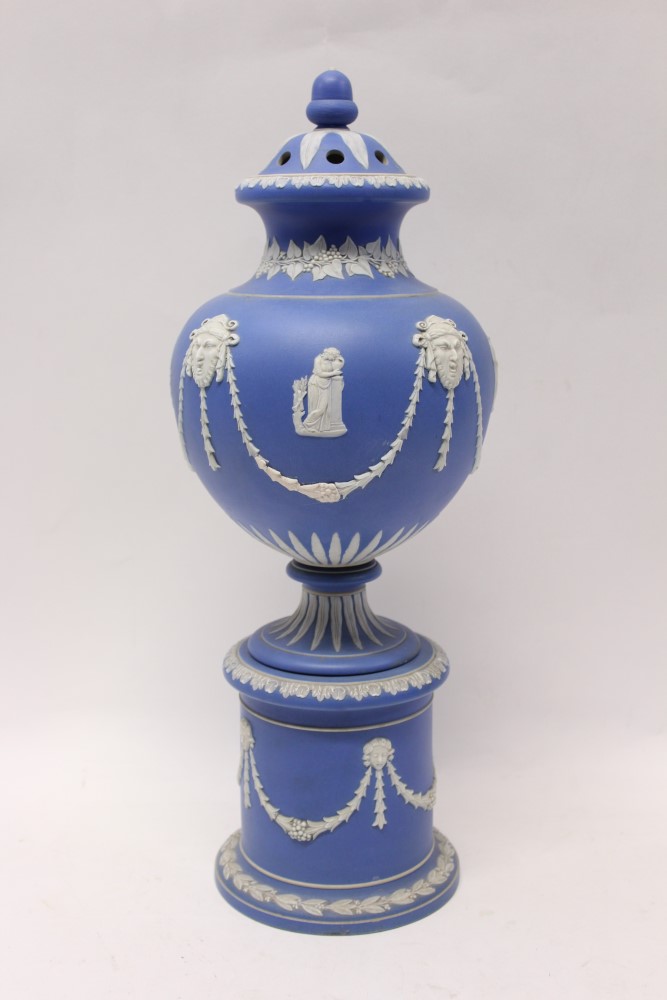 Impressive 19th century blue Jasper ware potpourri urn and cover decorated with classical masks and