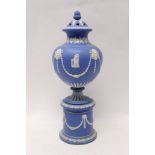 Impressive 19th century blue Jasper ware potpourri urn and cover decorated with classical masks and