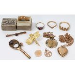 Group of gold and yellow metal jewellery - including three gold (9ct) rings, bar brooch, pendants,