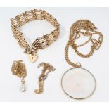 Gold (9ct) gate bracelet and three gold / yellow metal chains with pendants CONDITION