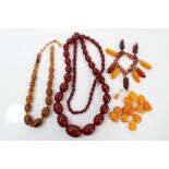 Amber bracelet with amber panels, vintage simulated cherry amber bead necklace,