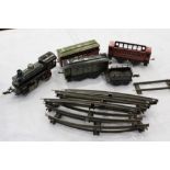 Railway - German KBN tinplate clockwork locomotive and tender, two carriages,