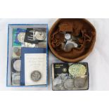 Coins selection - including George III 1821 half crown, Crowns, silver 3d bits,