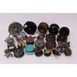 Large quantity of vintage fishing reels, centre pins, fixed spools and multipliers by Allcocks, J.