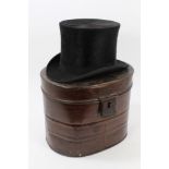 Gentlemen's vintage black top hat silk plush with grosgrain band, curved brim,