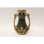 Art Nouveau gilt overlaid porcelain twin-handled vase with stylised floral decoration