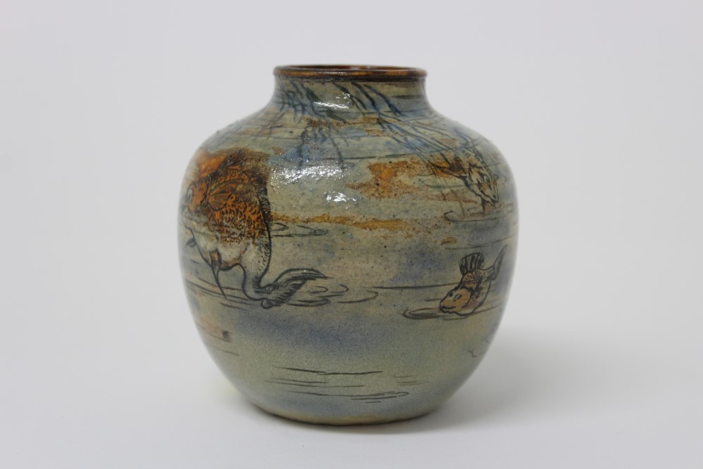 Martin Brothers stoneware Aquatic vase with incised decoration of grotesque fish swimming amongst