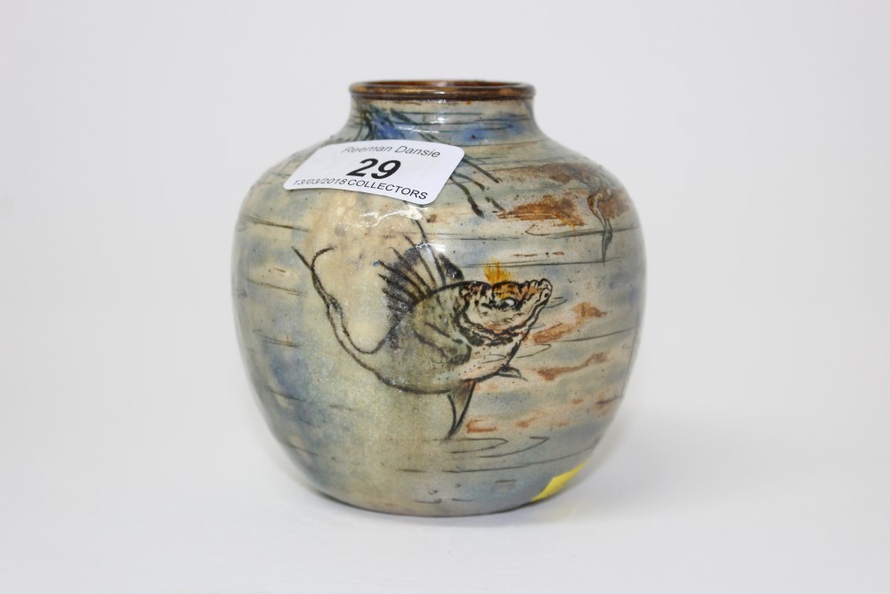 Martin Brothers stoneware Aquatic vase with incised decoration of grotesque fish swimming amongst - Image 2 of 3