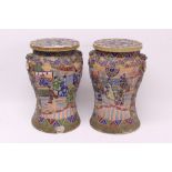 Pair early 20th century Japanese Satsuma earthenware garden seats with boldly enamelled Court