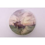 19th century Davenport porcelain plate painted with fishing boats at sea at sunset,