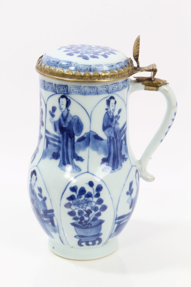 Late 17th century Chinese Kangxi blue and white and gilt metal mounted tankard and cover with