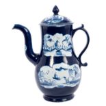 Mid-18th century Lowestoft blue and white coffee pot and cover with painted Chinese landscape