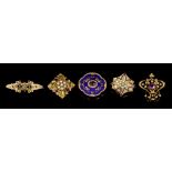 Group of five brooches - to include an Art Nouveau amethyst and seed pearl openwork brooch,