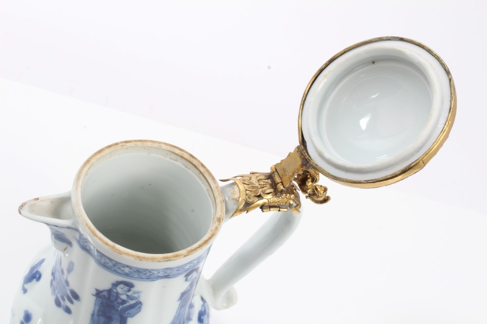 Late 17th century Chinese Kangxi blue and white jug and cover with gilt metal hinged mount and - Image 6 of 15