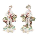 Fine pair 18th century Bow polychrome porcelain Seasons figures holding baskets of flowers,