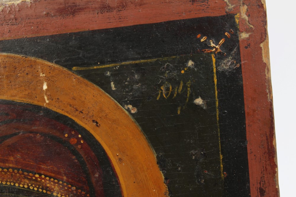 19th century Greek Icon, tempera on panel, depicting Madonna and Child, 31cm x 26. - Image 5 of 6