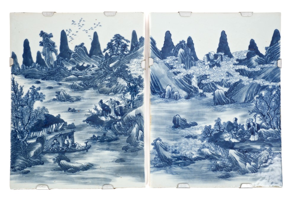 Pair 19th / early 20th century Chinese blue and white porcelain rectangular plaques painted with