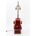 Chinese flambé hu-shaped vase converted to table lamp on wood stand,