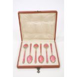 Set of six late 19th / early 20th century Imperial Russian silver gilt spoons with pink guilloche