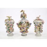 Fine 18th century Bow garniture of three potpourri vases and covers with bird mounts,