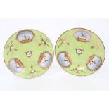 Pair early 19th century Coalport green ground dishes painted with birds in the micro-mosaic style,