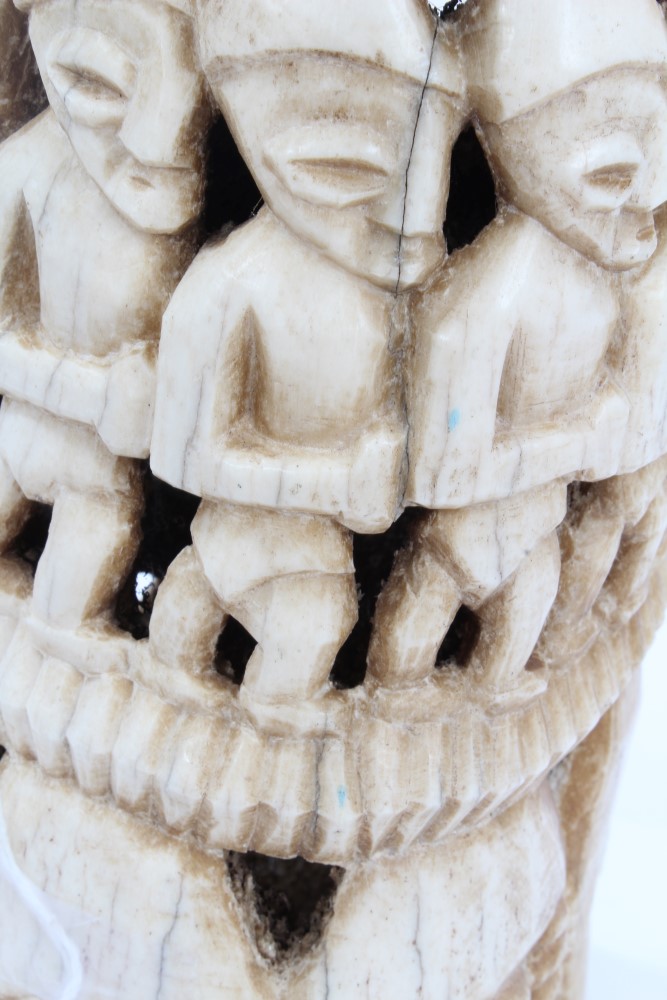 Large Old African, possibly Nigerian carved elephant bone decorated with human figures and masks, - Image 8 of 9
