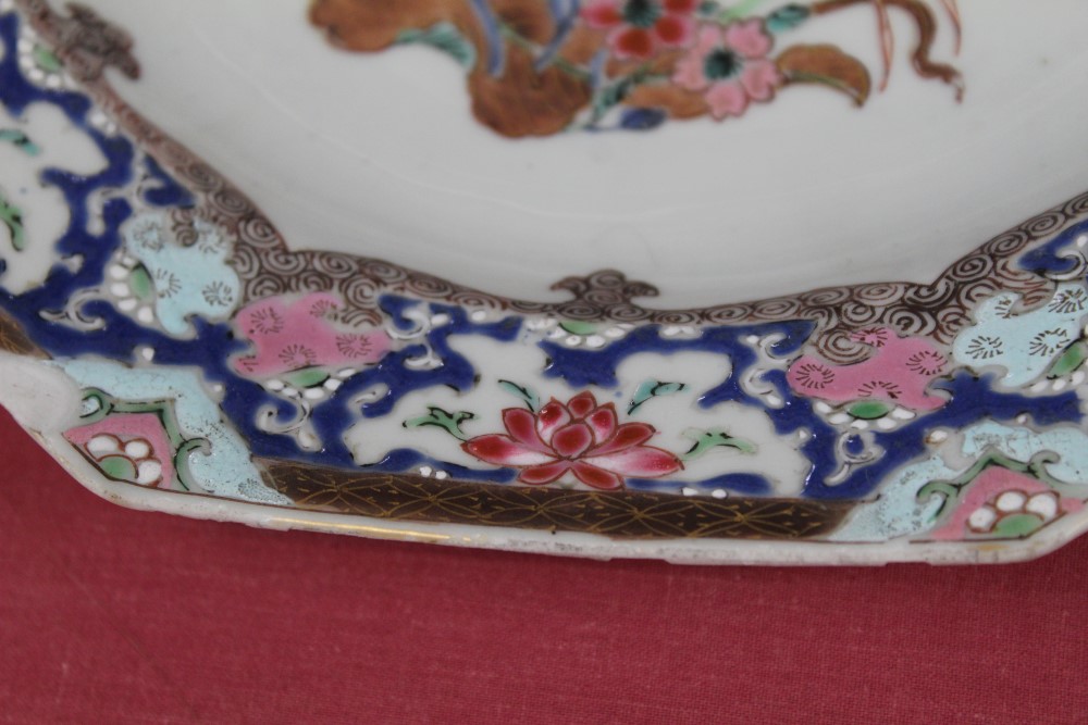 Pair mid-18th century Chinese export octagonal plates, polychrome painted with exotic birds, - Image 4 of 13