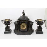 Good quality late Victorian clock garniture comprising a monumental clock in temple-shaped slate