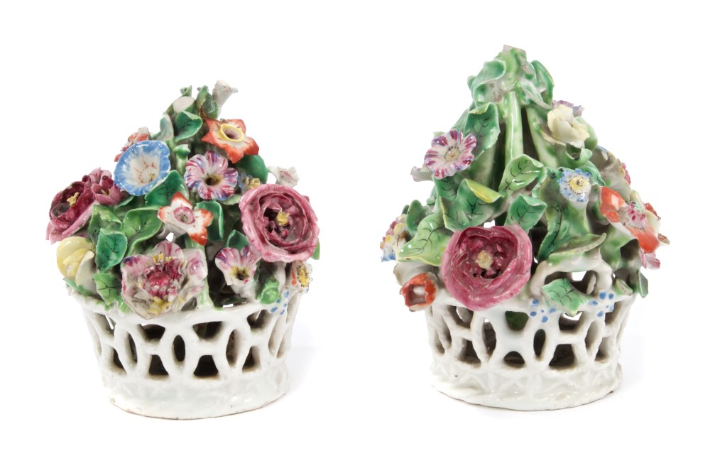 Pair 18th century, possibly Bow porcelain baskets of flowers, with reticulated baskets, 9.