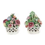 Pair 18th century, possibly Bow porcelain baskets of flowers, with reticulated baskets, 9.