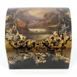 Victorian Jennens & Bettridge papier mâché dome-top casket with painted landscape and gilt scroll